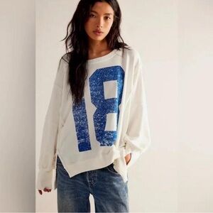 Free People White Sweatshirt with Blue “18” Graphic